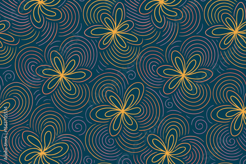 Abstract floral pattern with swirling lines and vibrant colors.