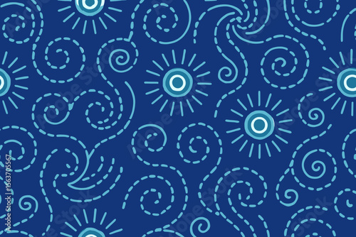 Seamless starry night swirl pattern with dotted lines and radiating circles