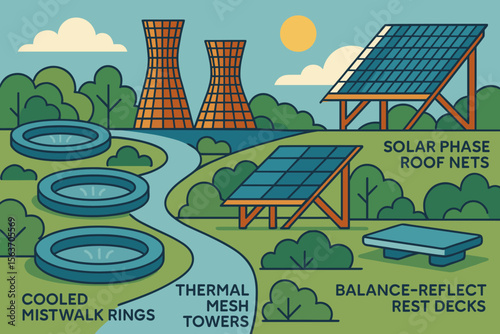 Futuristic eco park with solar roofs, mist rings, and rest decks