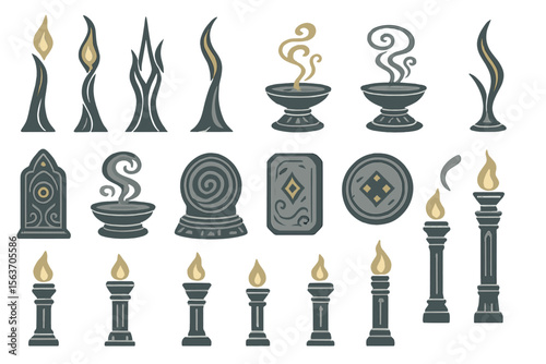 Fantasy game icons with mystical flames, pedestals, incense, and runes