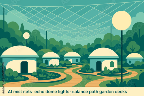 Futuristic eco village with dome homes and AI mist net canopy