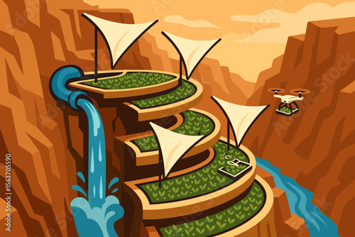 Futuristic terraced farm in canyon with irrigation and flying drone