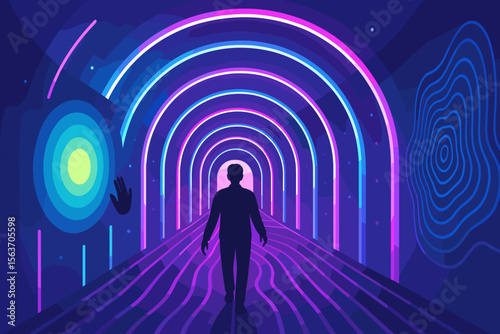 Silhouette walking through neon tunnel with glowing arcs and patterns