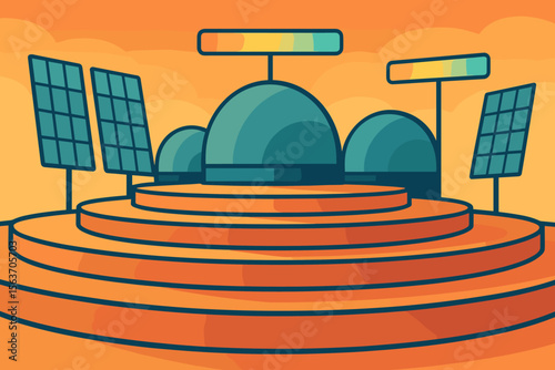 Abstract illustration of a solar energy setup with domes and panels.