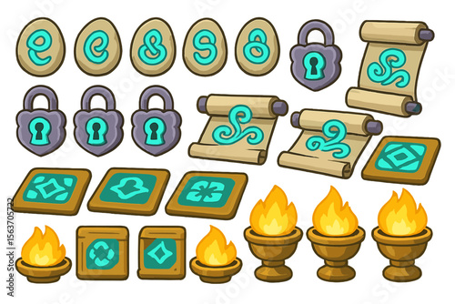 A collection of whimsical icons featuring locks, scrolls, magical symbols, and glowing flames, ideal for fantasy or game designs.