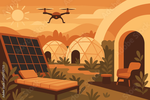 A serene futuristic landscape featuring eco-friendly geodesic domes, solar panels, and a drone flying above, symbolizing sustainable living and modern innovation.