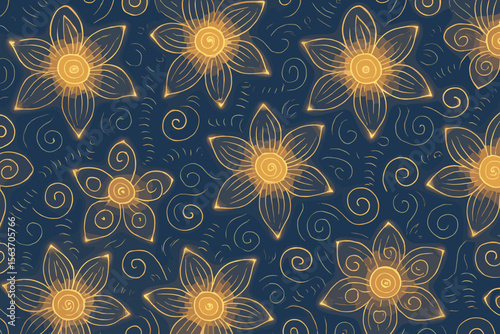 A glowing floral pattern with swirling lines, creating a soft and ethereal atmosphere on a dark background.