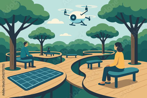 Futuristic park scene with elevated walkways, benches, solar panels, trees, and a drone flying overhead.