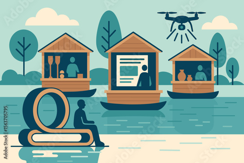 Illustration of floating market kiosks with people, books, and drones