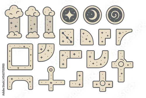 Set of whimsical shapes with stars and clouds, perfect for decorative designs.