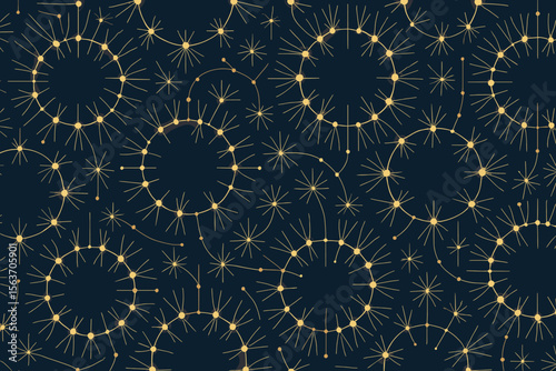 Abstract pattern of glowing stars and circles connected by lines, on a dark background.
