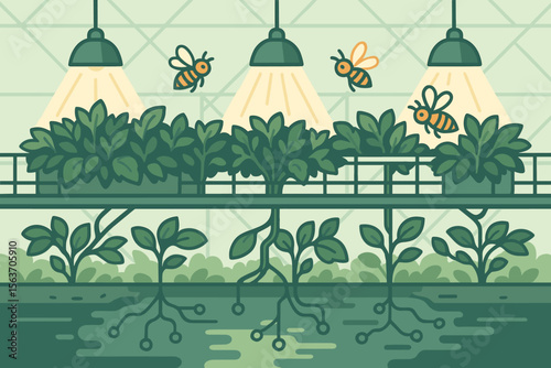 Smart greenhouse with bees, artificial lighting, and tech roots