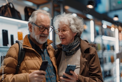 Portrait of a satisfied couple in their 70s buying a smartphone in store