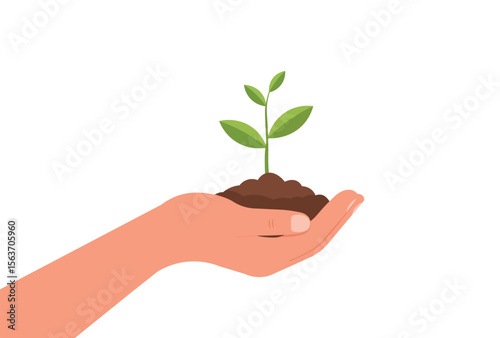 Hand holding small plant with soil, Environmental care concept vector illustration.