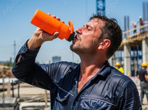Fatigued worker pauses from hard work and hydrates in harsh sun, uniform soaked with sweat