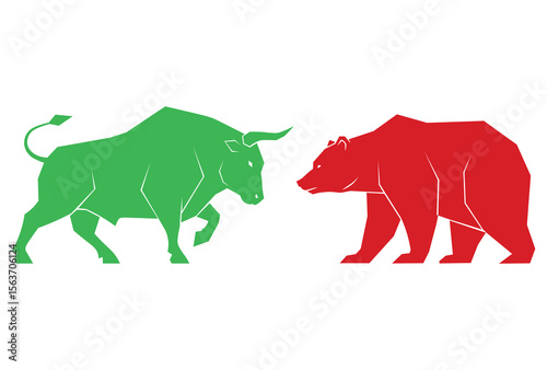 Bull and bear market conflict financial trading symbols and stock volatility vector illustration.
