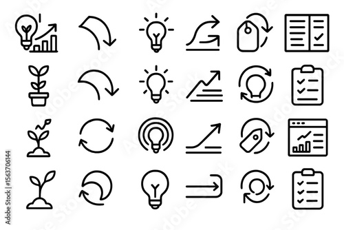 Set of business and growth icons, including lightbulb, plant, and progress symbols
