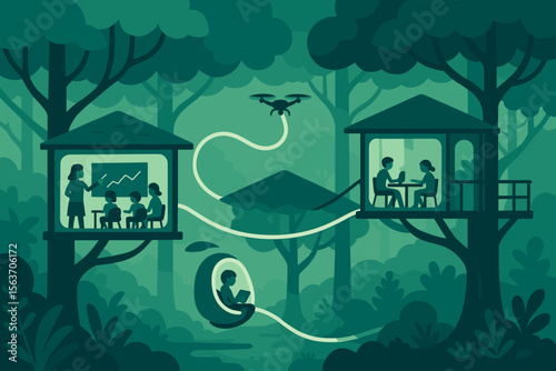 Futuristic treehouses connected by a drone in a forested, green landscape