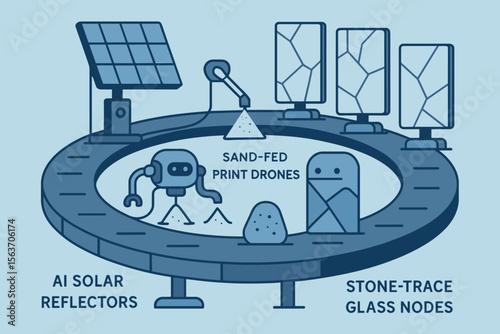 Futuristic illustration of AI-powered solar reflectors and print drones