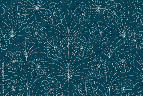 Hand-drawn floral pattern with delicate lines on a teal background