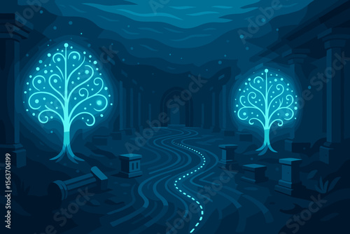 Glowing fantasy trees in an ancient underground ruin with stone pillars