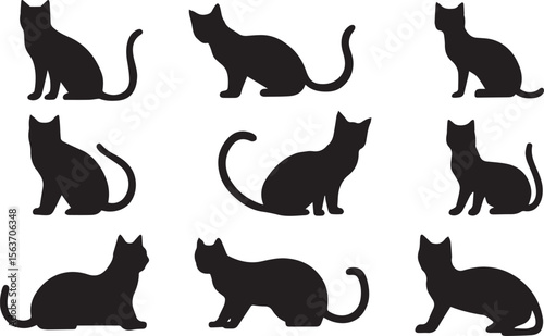 A vector illustration of a set of black cat silhouettes, perfect for a collection of cute domestic feline icons.