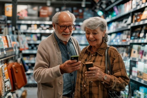Portrait of a satisfied couple in their 70s buying a smartphone in store