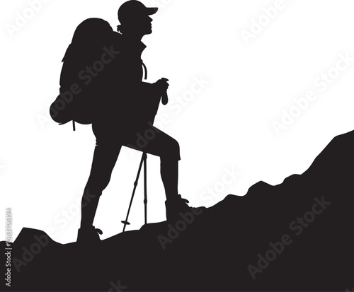 Hiker silhouette climbing mountain with trekking poles and backpack