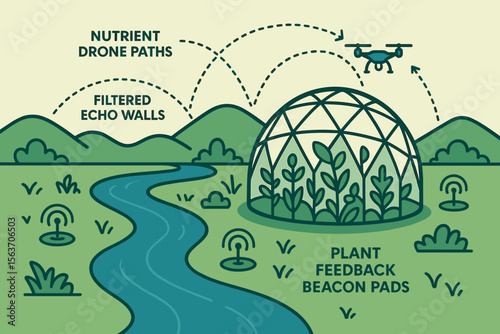 Illustration of a futuristic farm with drones and plant sensors.