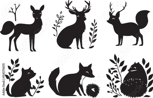 Black vector silhouettes of wild mammal deer, rabbit, cat, dog, horse, and bird animal icons collection.