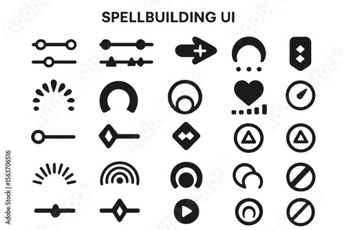 Minimalist fantasy spellbuilding UI icons with sliders, symbols, and gauges
