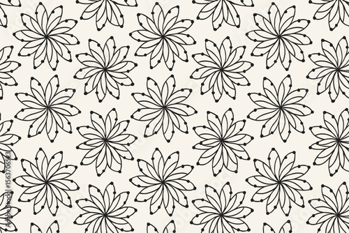 Seamless black floral line pattern with dot accents on cream