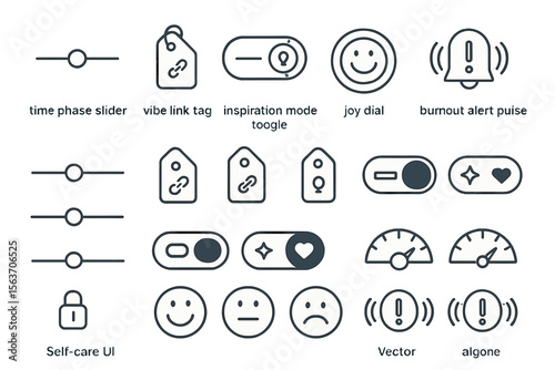 Modern self-care UI icons with sliders, tags, mood dials, and alerts
