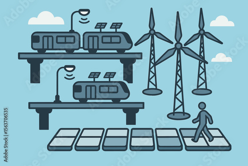 Futuristic eco-transport system with solar trains and wind turbines