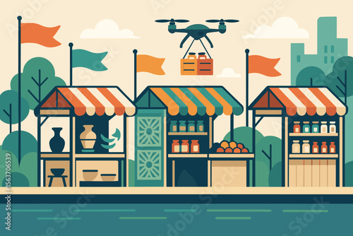 Colorful street market with drone delivery and vendor stalls