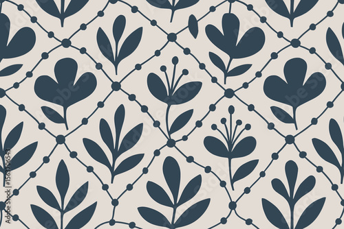 Seamless navy floral pattern with geometric vine lattice on cream