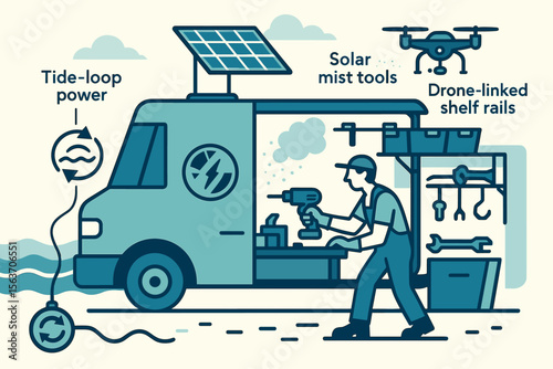 Futuristic mobile workshop powered by solar and tidal energy