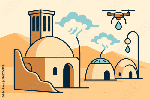 Futuristic desert village with water drones and cooling domes