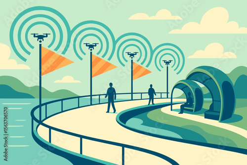 Futuristic park walkway with drone network and smart seating