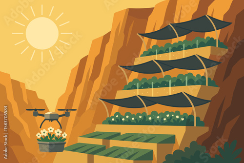 Futuristic farming terrace with drone delivery in desert landscape