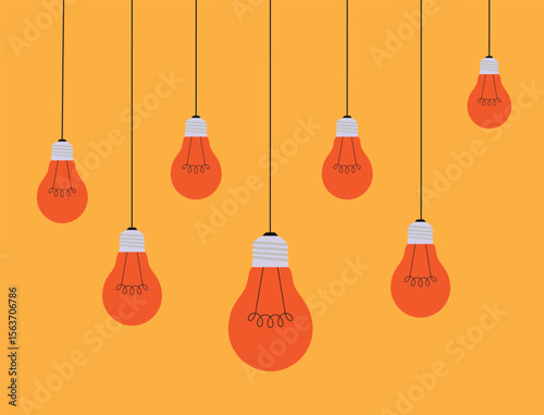Hanging light bulbs with one glowing on yellow background concept of idea vector illustration.