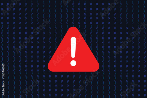 Flat vector illustration of a cybersecurity alert, featuring a bright red warning sign with an exclamation mark at the center of binary code.