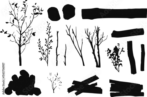 Vector set of hand drawn black ink blot and splash icons.