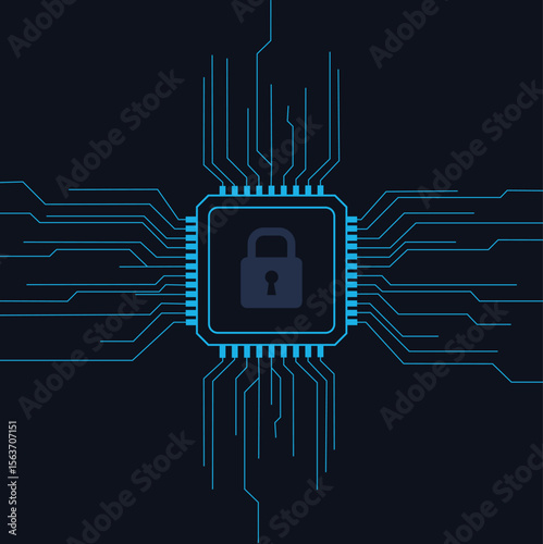 Flat vector illustration of a cybersecurity concept, featuring a central processor with a glowing orange padlock icon on a dark blue circuit board.