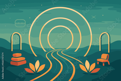 Futuristic wellness landscapes with glowing rings, drones, and abstract nature