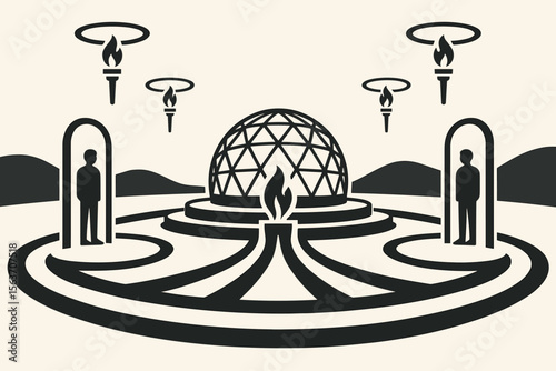 Futuristic, minimalist scene with floating torches, a geodesic dome, and paths leading to human figures.