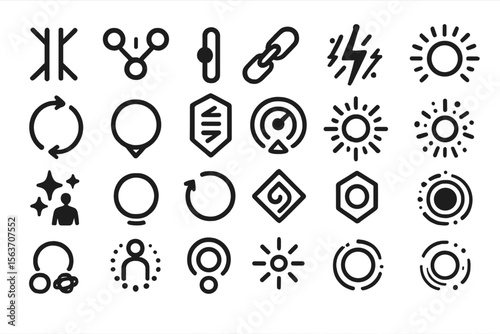 Set of modern minimalistic icons including energy, connection, and circular patterns.