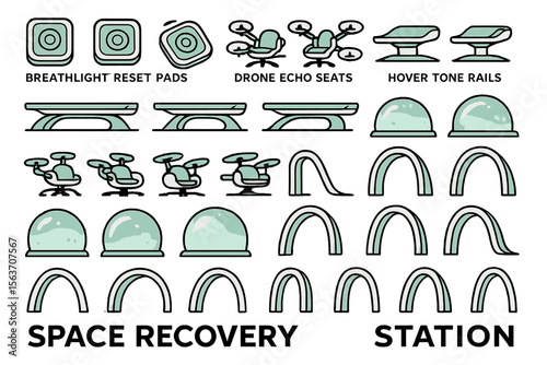 Set of futuristic icons representing space recovery station equipment like hover seats, pads, and rails.