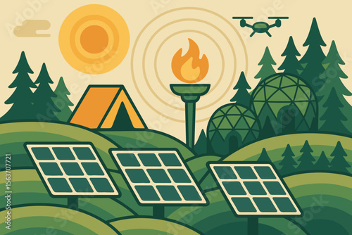 Eco-friendly camping scene with solar panels, geodomes, and forest drone
