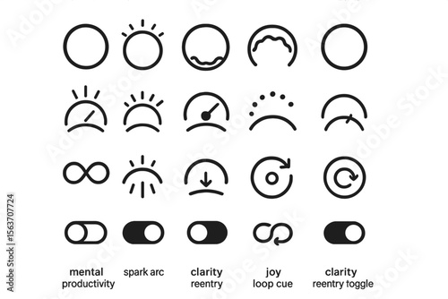 Minimal wellness icons representing clarity, reentry, productivity, and emotion